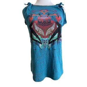 CUSTO BARCELONA Teal Turquoise Front Tie Graphic Short Sleeve Sleeveless T-Shirt